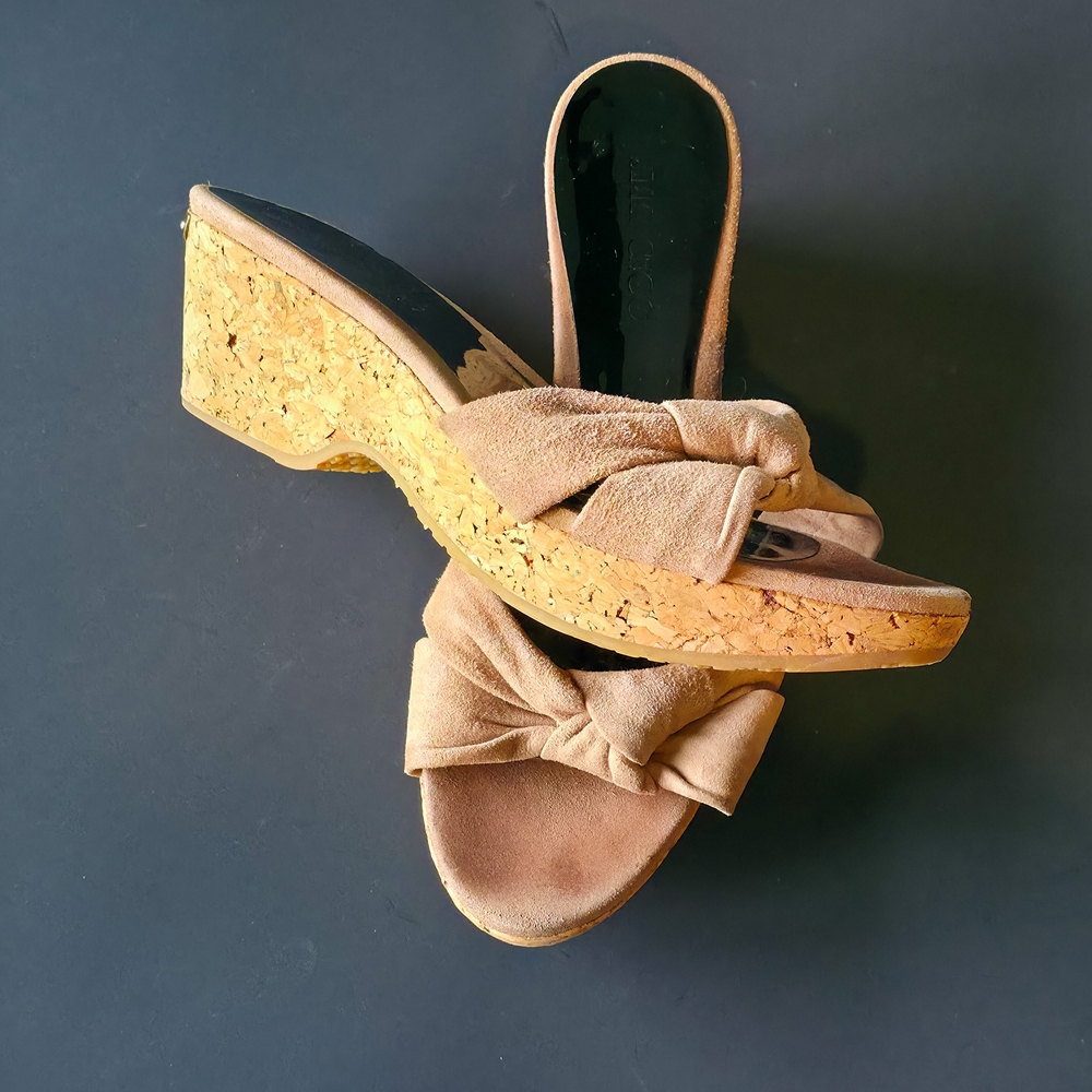 Jimmy Choo Tan Wedge Sandals with Knot Design And Cork Plattform
